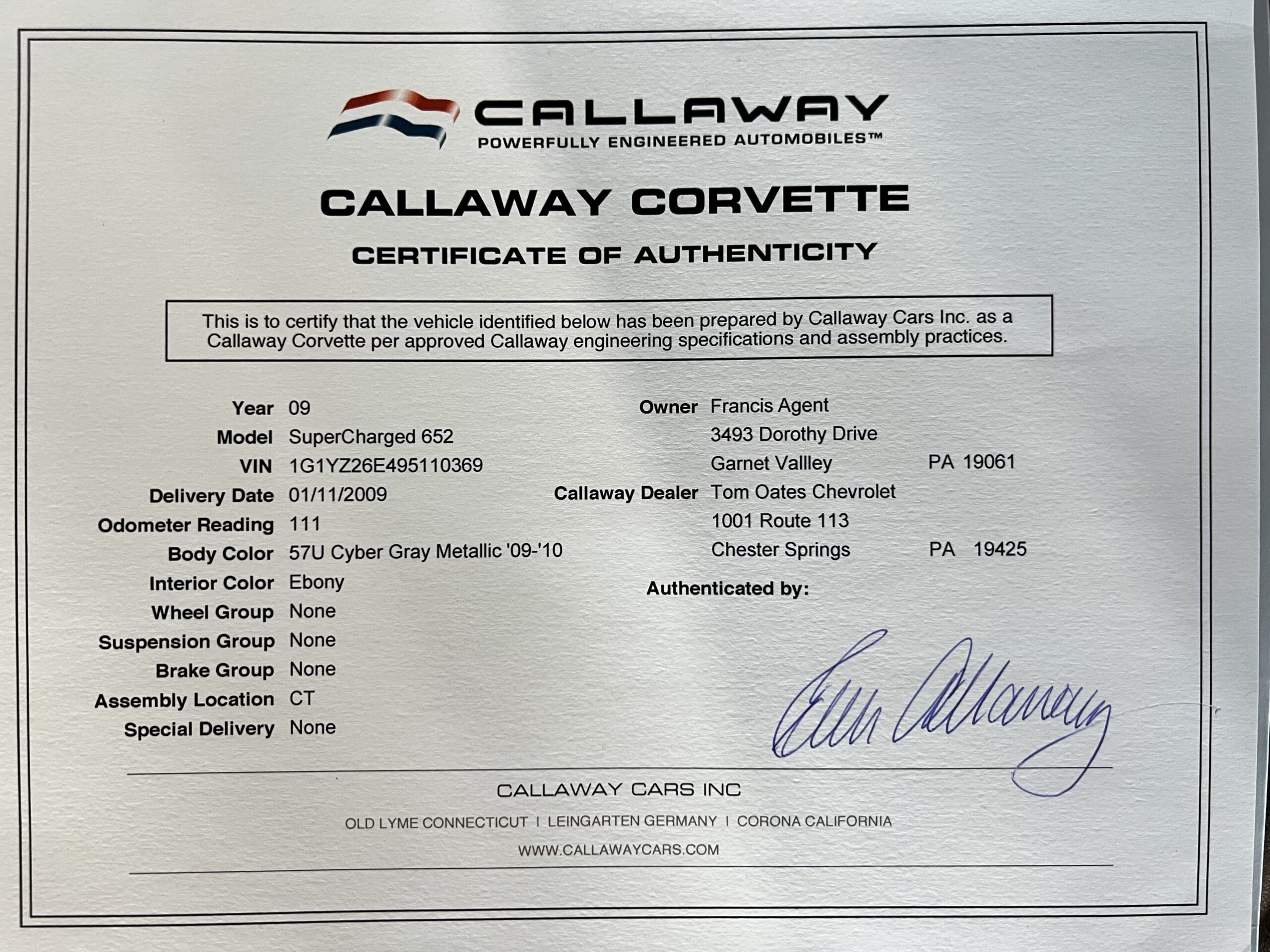 2009 Chevrolet Corvette Z06 Callaway Supercharged Callaway Z06-2LZ / All Callaway Documentation / 650HP / 16K Miles
